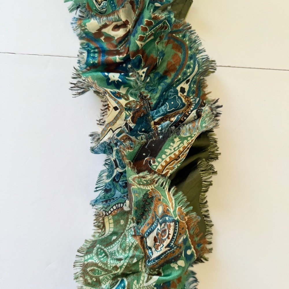 Scarf Ruffle Printed Solid Rabbit Fur Pom-Pom Green Made in France Art to Wear - Picture 11 of 12